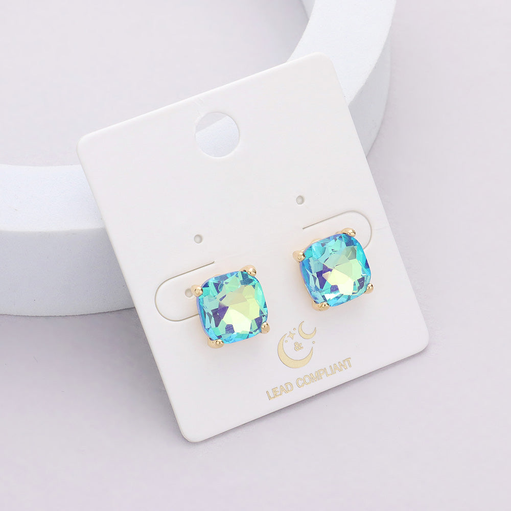 Small Aqua AB Cushion Square Stud Pageant Earrings | Interview Earrings