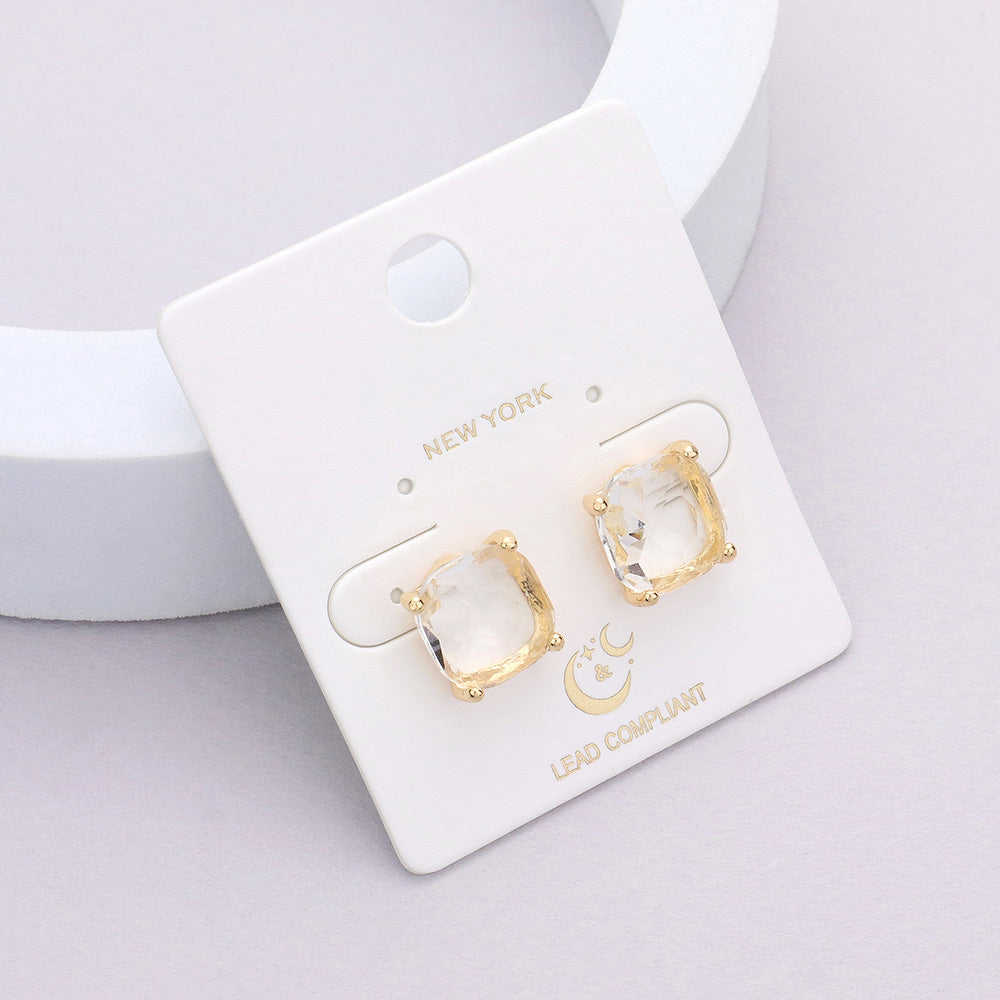 Small Clear Cushion Square Stud Pageant Earrings on Gold | Interview Earrings