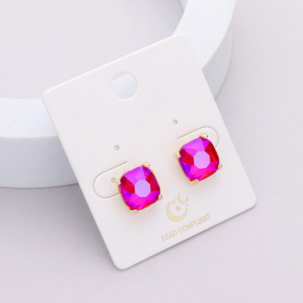 Small Fuchsia AB Cushion Square Stud Pageant Earrings  | Interview Earrings