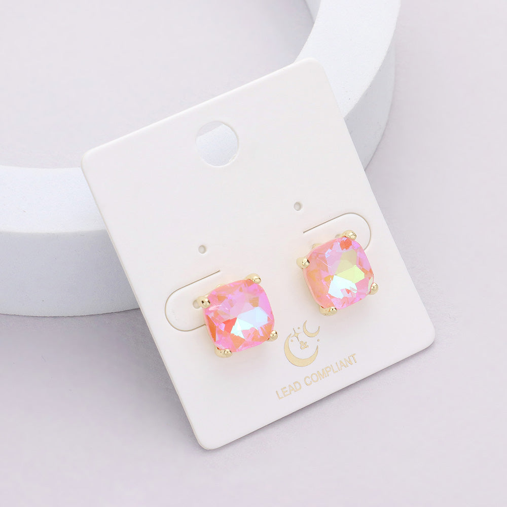 Small Pink AB Cushion Square Stud Pageant Earrings  | Interview Earrings