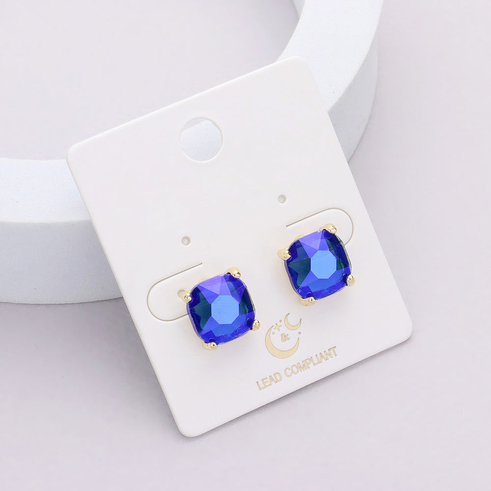 Small Royal Blue AB Cushion Square Stud Pageant Earrings  | Interview Earrings