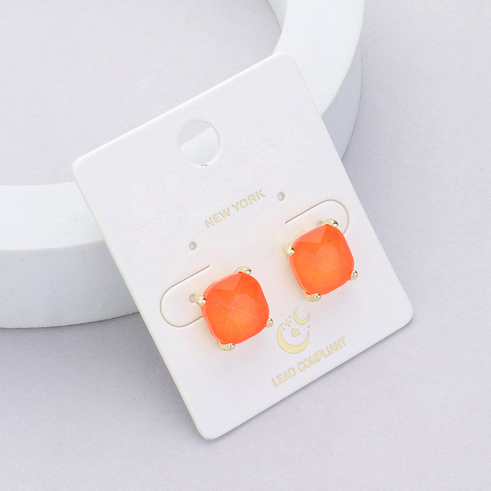Small Neon Coral Cushion Square Stud Pageant Earrings | Interview Earrings