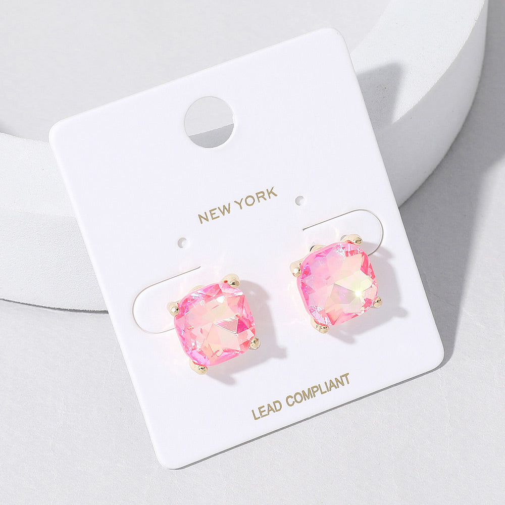 Small Neon Fuchsia AB Cushion Square Stud Pageant Earrings  | Interview Earrings