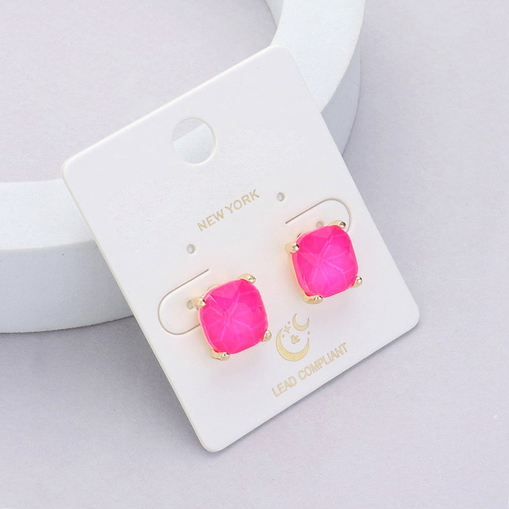 Small Neon Fuchsia Cushion Square Stud Pageant Earrings | Interview Earrings