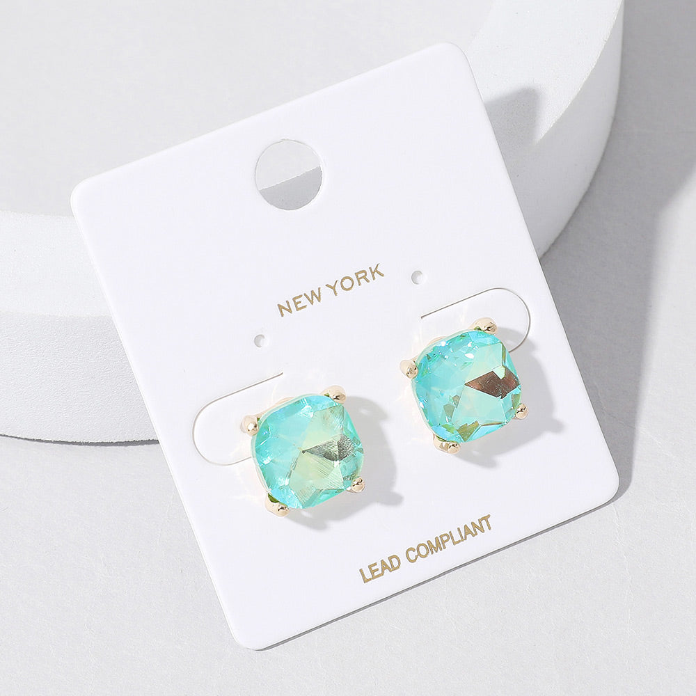 Small Neon Mint AB Cushion Square Stud Pageant Earrings  | Interview Earrings