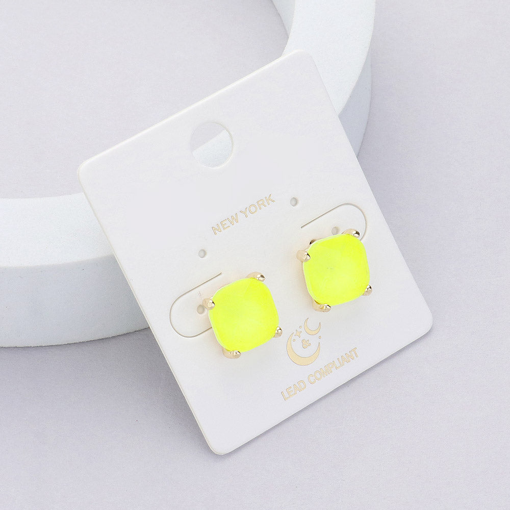 Small Neon Yellow Cushion Square Stud Pageant Earrings | Interview Earrings