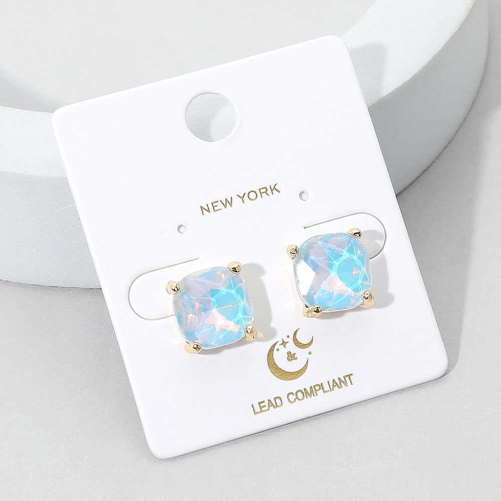 Small Aqua -Opal Cushion Square Stud Pageant Earrings  | Interview Earrings