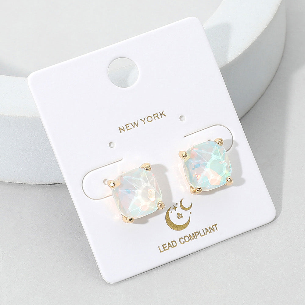 Small White-Opal Cushion Square Stud Pageant Earrings  | Interview Earrings