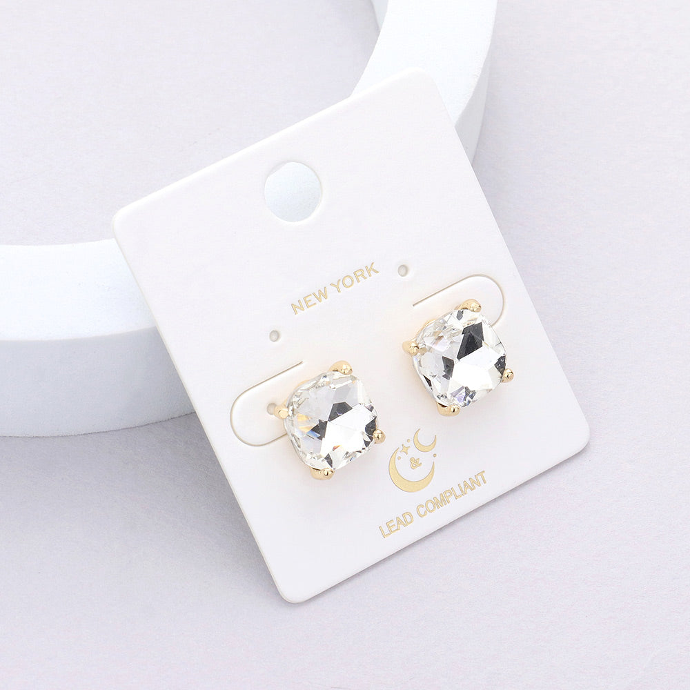 Small Clear Cushion Square Stud Pageant Earrings on Gold | Interview Earrings
