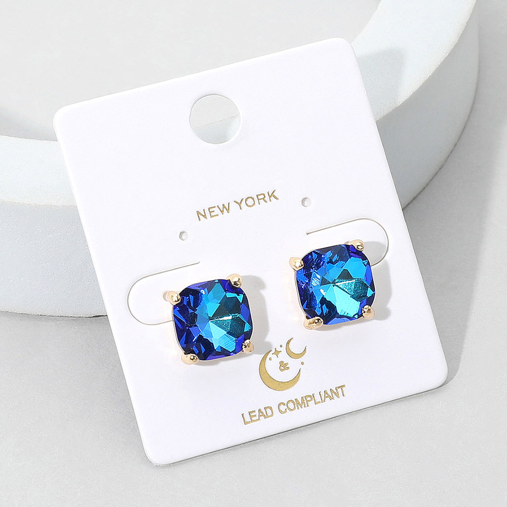 Small Blue Cushion Square Stud Pageant Earrings | Interview Earrings