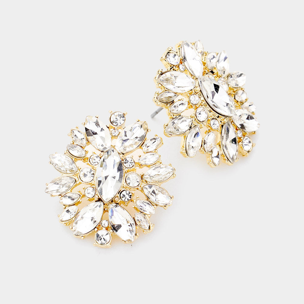 Crystal Round and Marquise Stone Stud Earrings on Gold | Interview Earrings