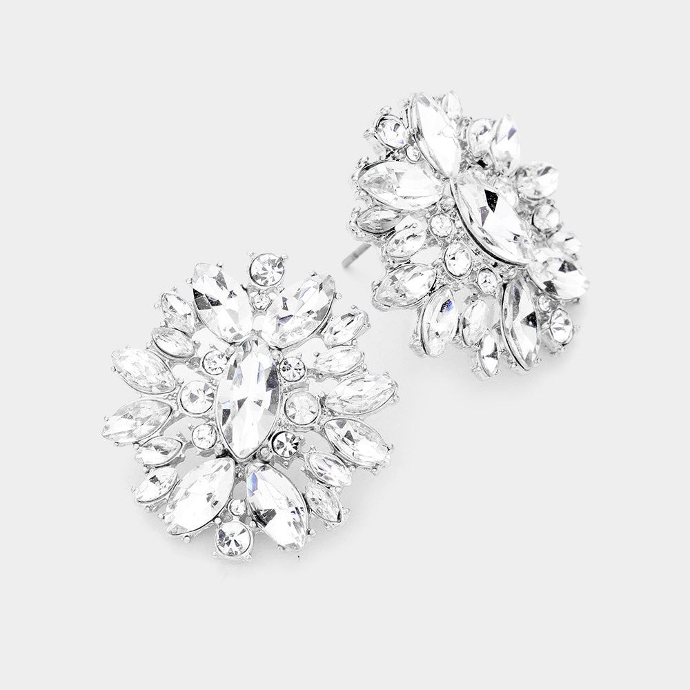 Crystal Round and Marquise Stone Stud Earrings on Silver | Interview Earrings