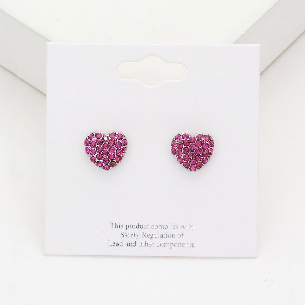 Small Fuchsia Crystal Heart Stud Pageant Earrings | Little Girl Earrings