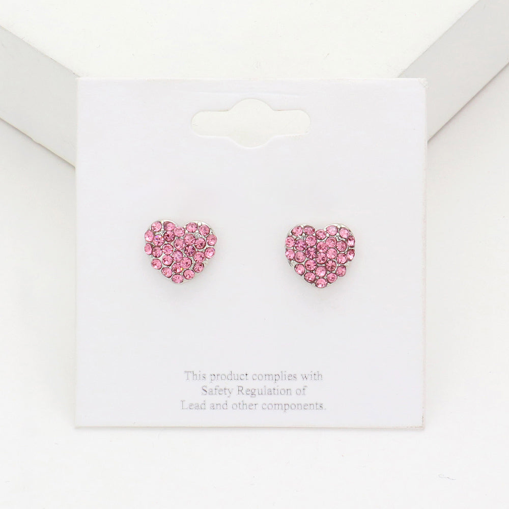 Small Pink Crystal Heart Stud Pageant Earrings | Little Girl Earrings