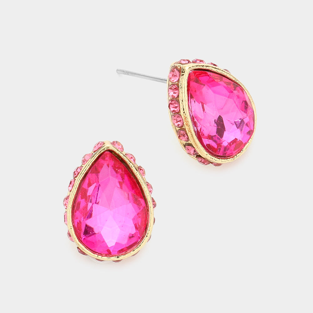 Fuchsia Rhinestone Trimmed Teardrop Stone Pageant Stud Earrings   | Interview Earrings