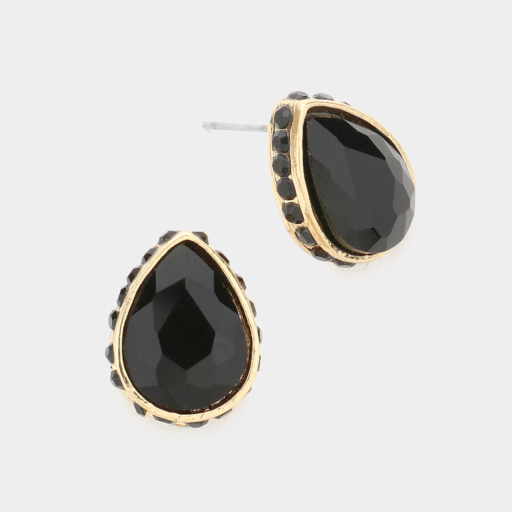 Black Rhinestone Trimmed Teardrop Stone Pageant Stud Earrings   | Interview Earrings
