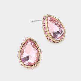 Light Rose Rhinestone Trimmed Teardrop Stone Pageant Stud Earrings  | Interview Earrings | 577768