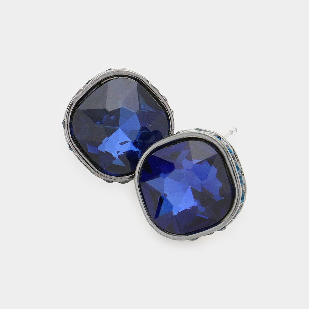 Rhinestone Trimmed Navy Square Stone Stud Earrings | Interview Earrings