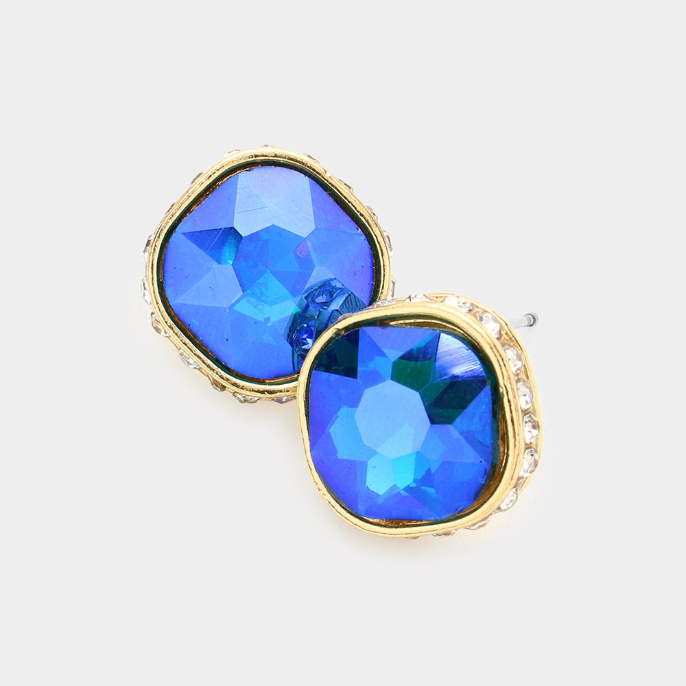 Rhinestone Trimmed Blue AB Square Stone Stud Earrings  | Interview Earrings | 575943