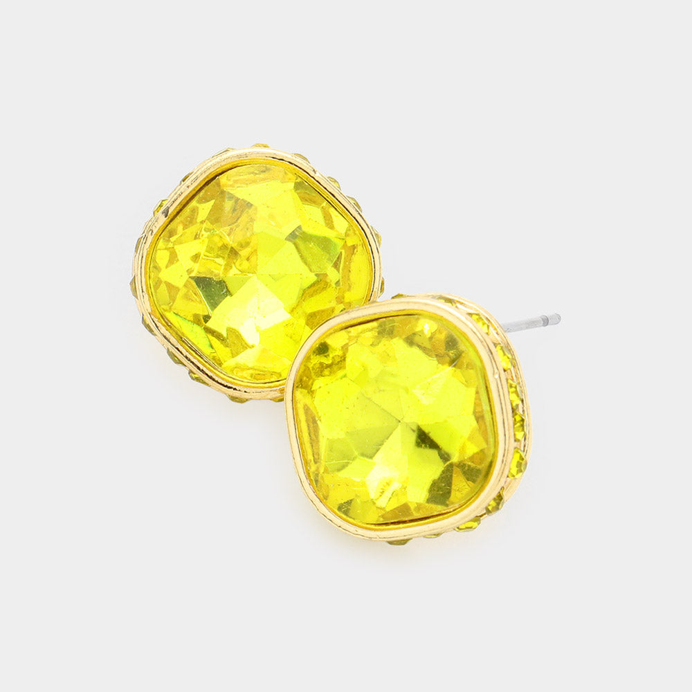 Rhinestone Trimmed Yellow Square Stone Stud Earrings  | Interview Earrings
