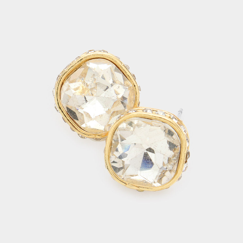 Rhinestone Trimmed Clear Square Stone Stud Earrings on Gold  | Interview Earrings