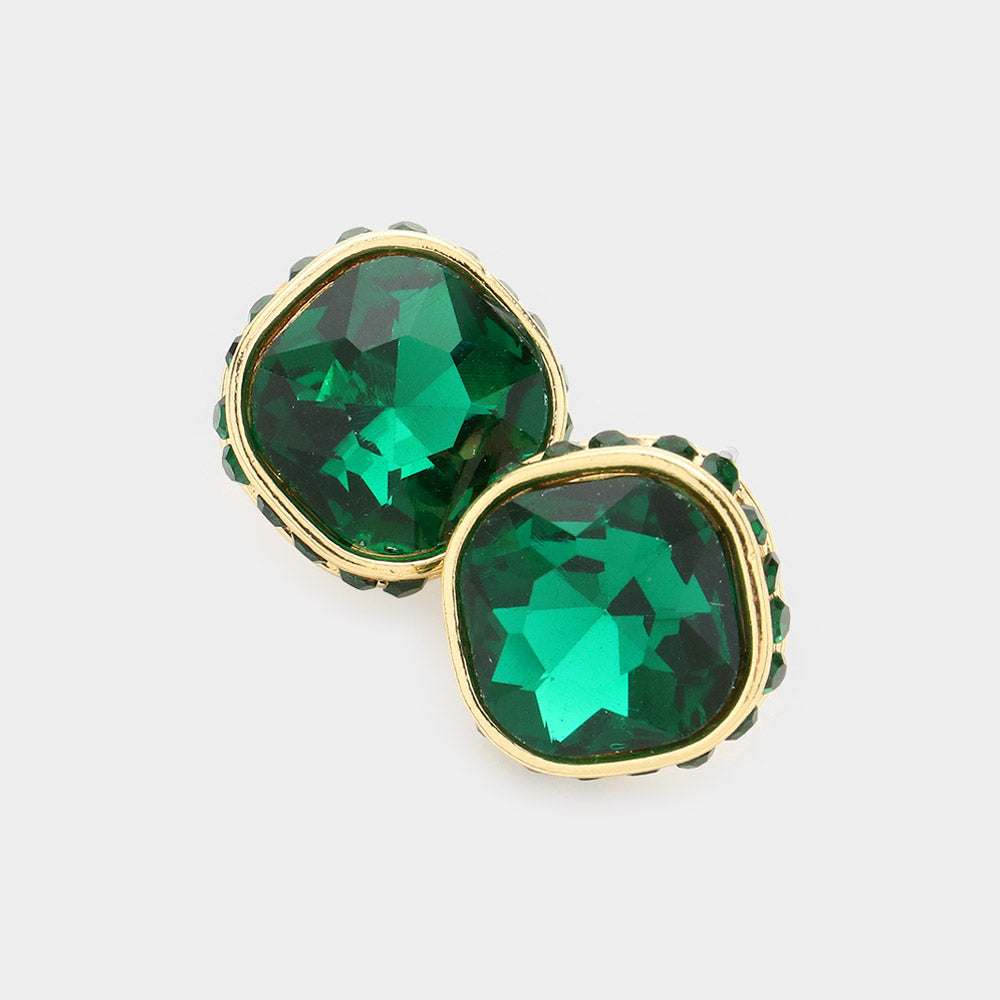 Rhinestone Trimmed Emerald Square Stone Stud Earrings   | Interview Earrings