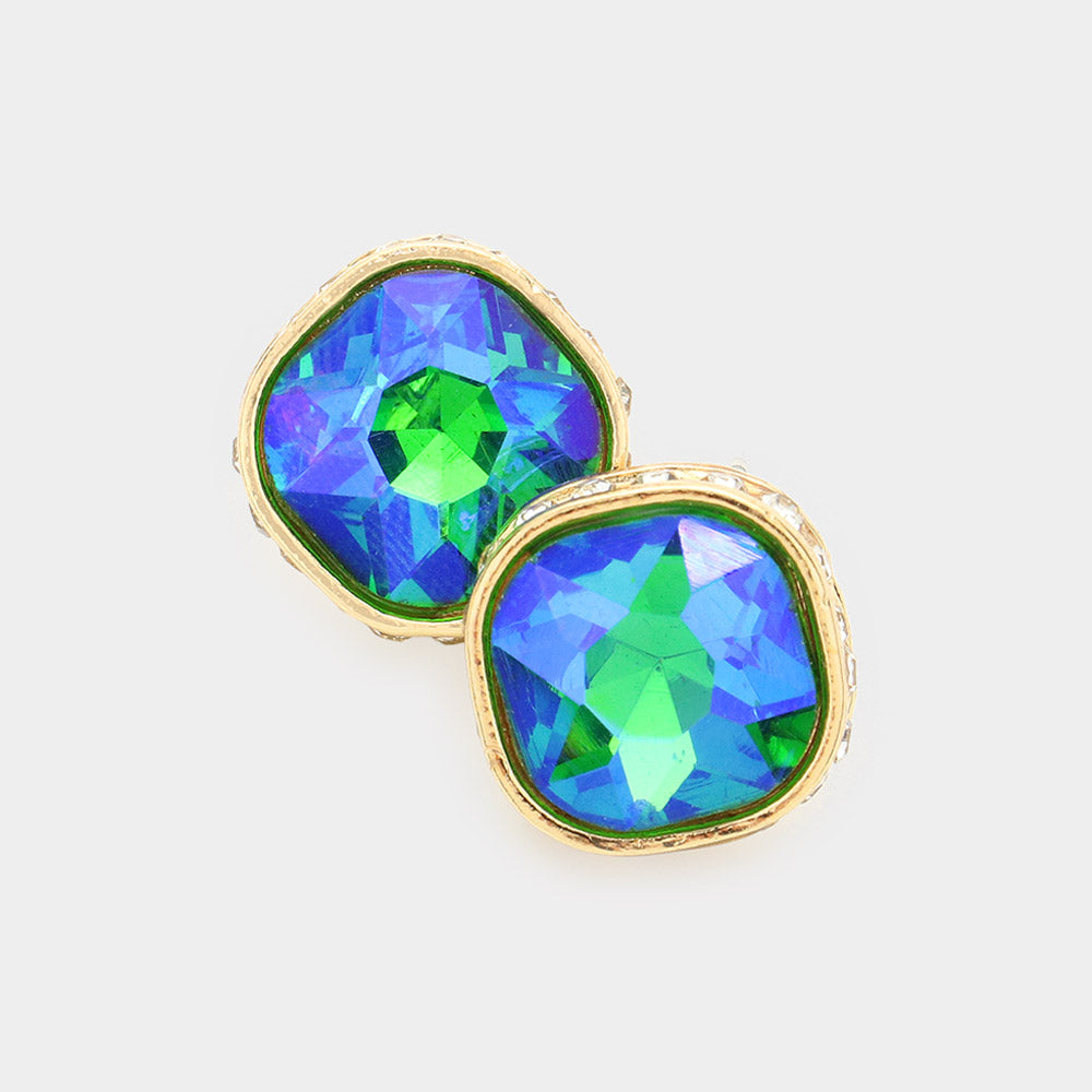 Rhinestone Trimmed Blue/Green AB Square Stone Stud Earrings   | Interview Earrings