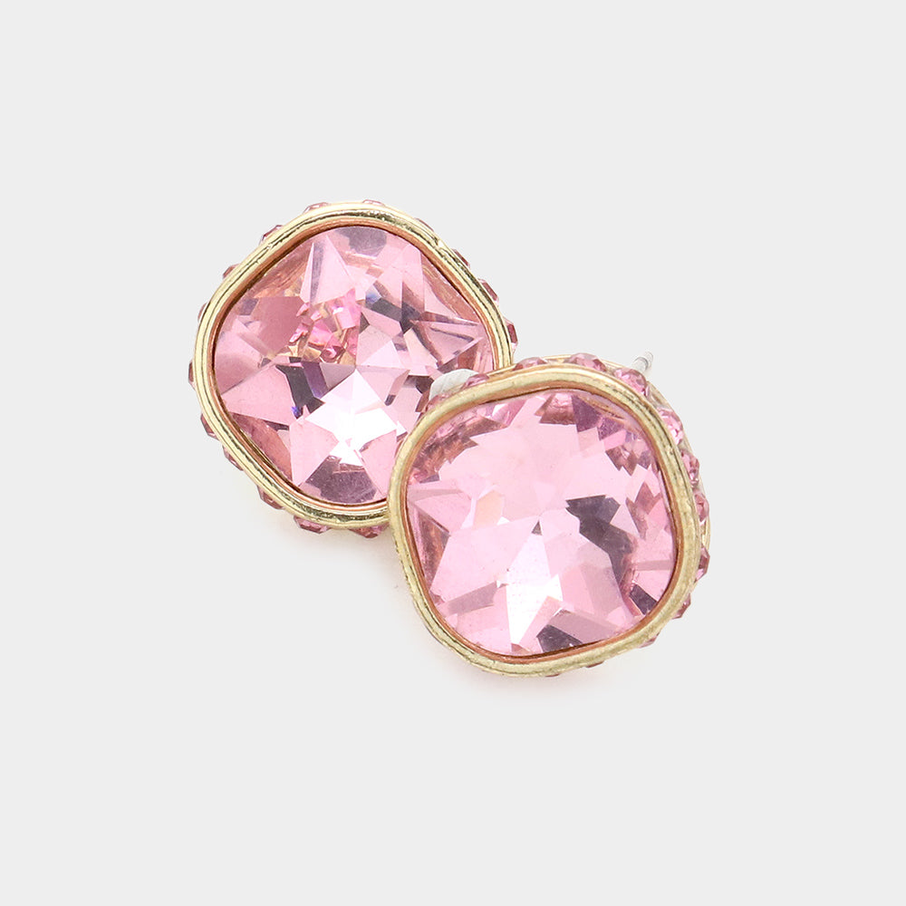 Rhinestone Trimmed Light Rose Square Stone Stud Earrings | Interview Earrings