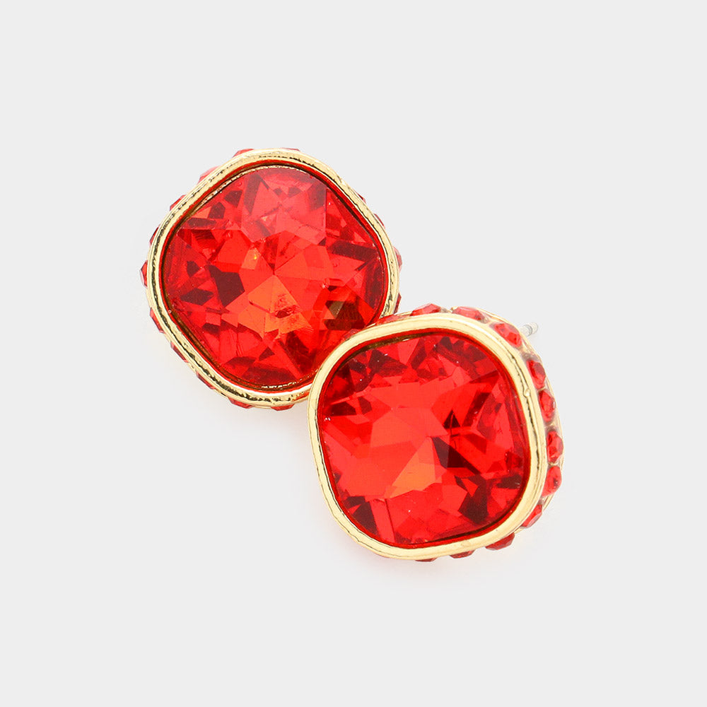 Rhinestone Trimmed Red Square Stone Stud Earrings   | Interview Earrings