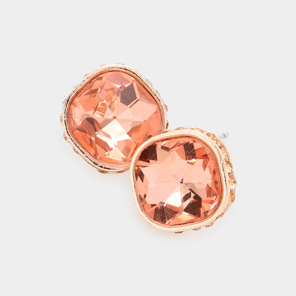 Rhinestone Trimmed Peach Square Stone Stud Earrings   | Interview Earrings