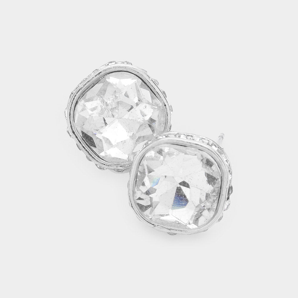 Rhinestone Trimmed Clear Square Stone Stud Earrings   | Interview Earrings