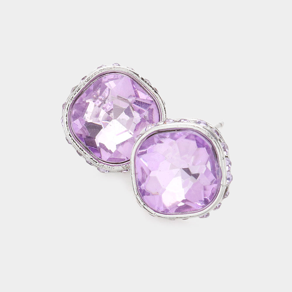 Rhinestone Trimmed Violet Square Stone Stud Earrings | Interview Earrings