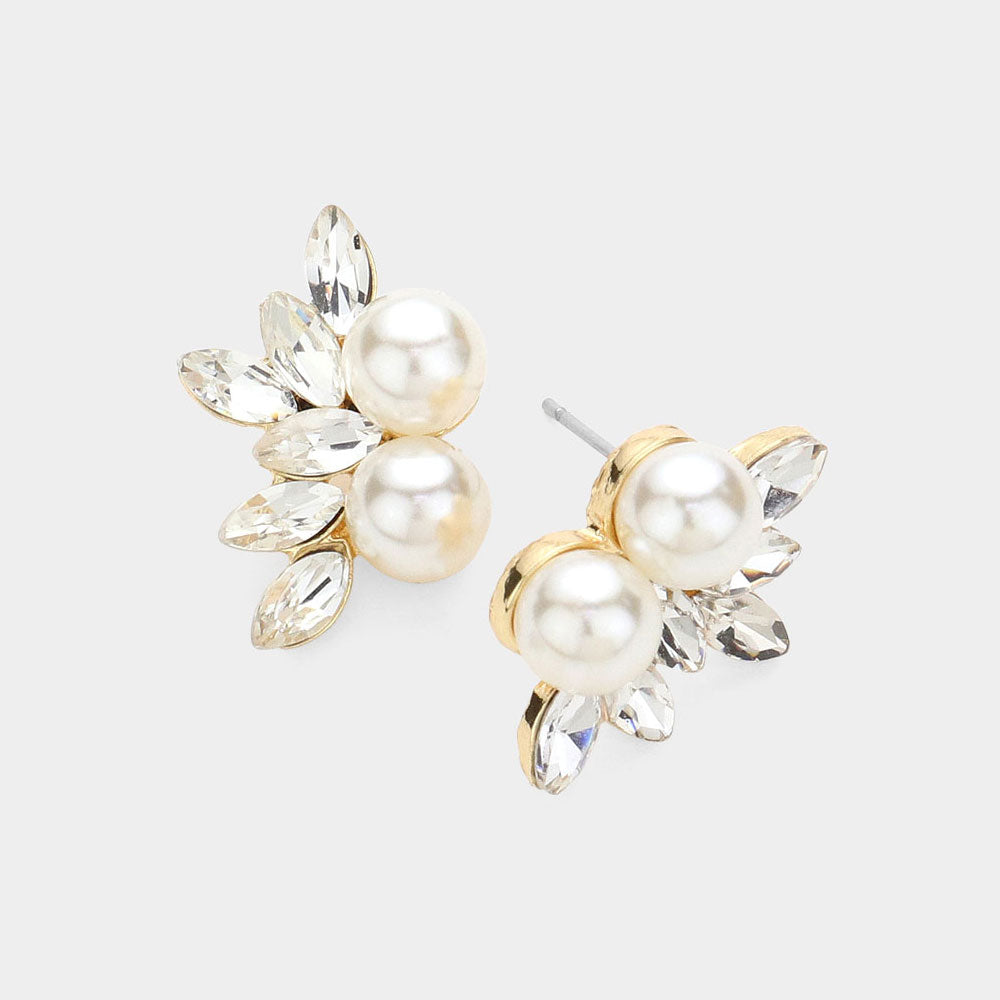 Cream Pearl and Marquise Stone Cluster Stud Earring on Gold| Bridal Earrings