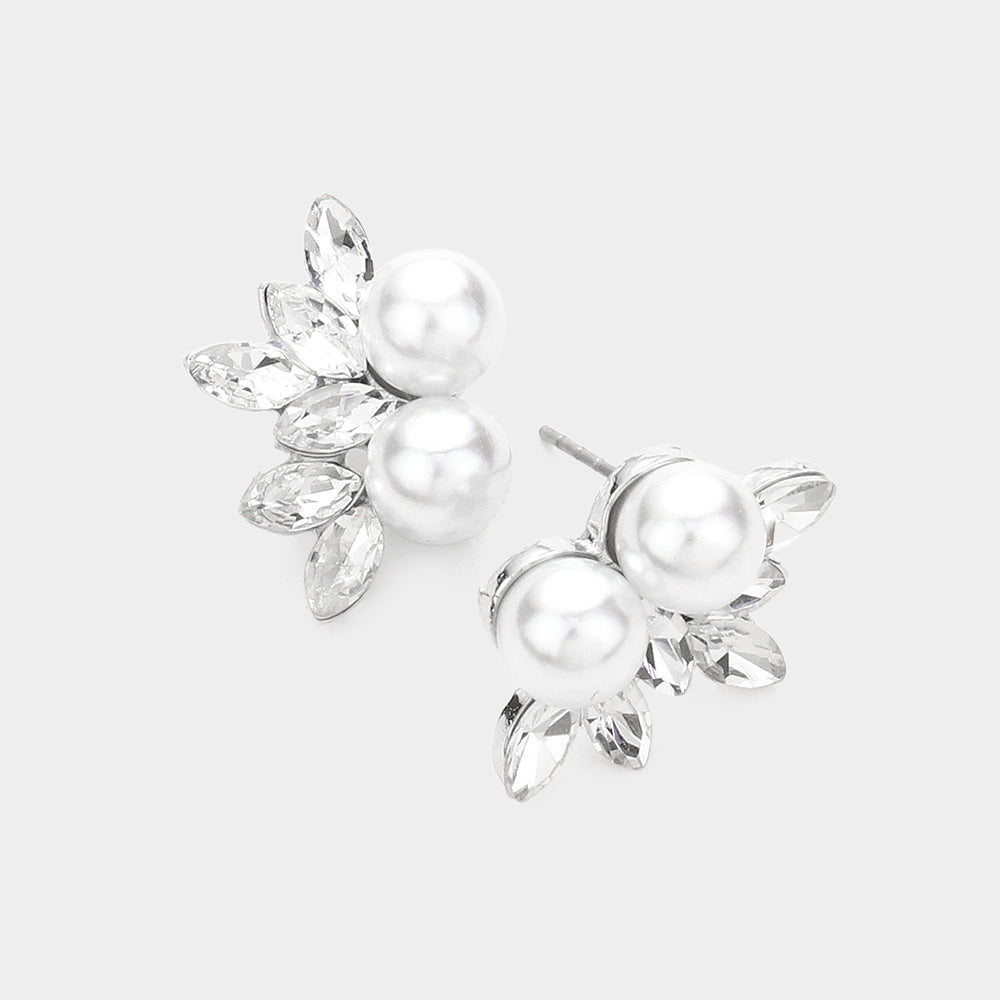 White Pearl and Marquise Stone Cluster Stud Earring | Bridal Earrings