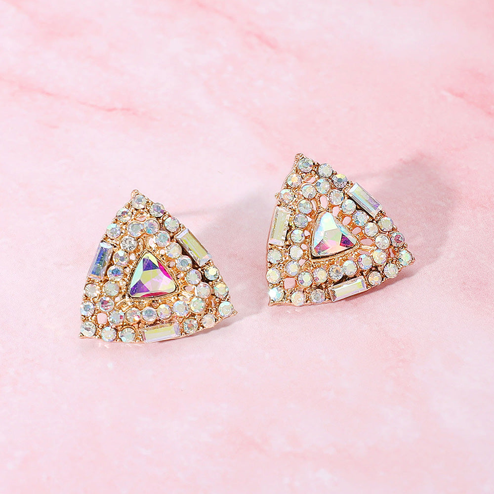 AB Rhinestone Embellished Triangle Stud Earrings on Gold | Interview Earrings