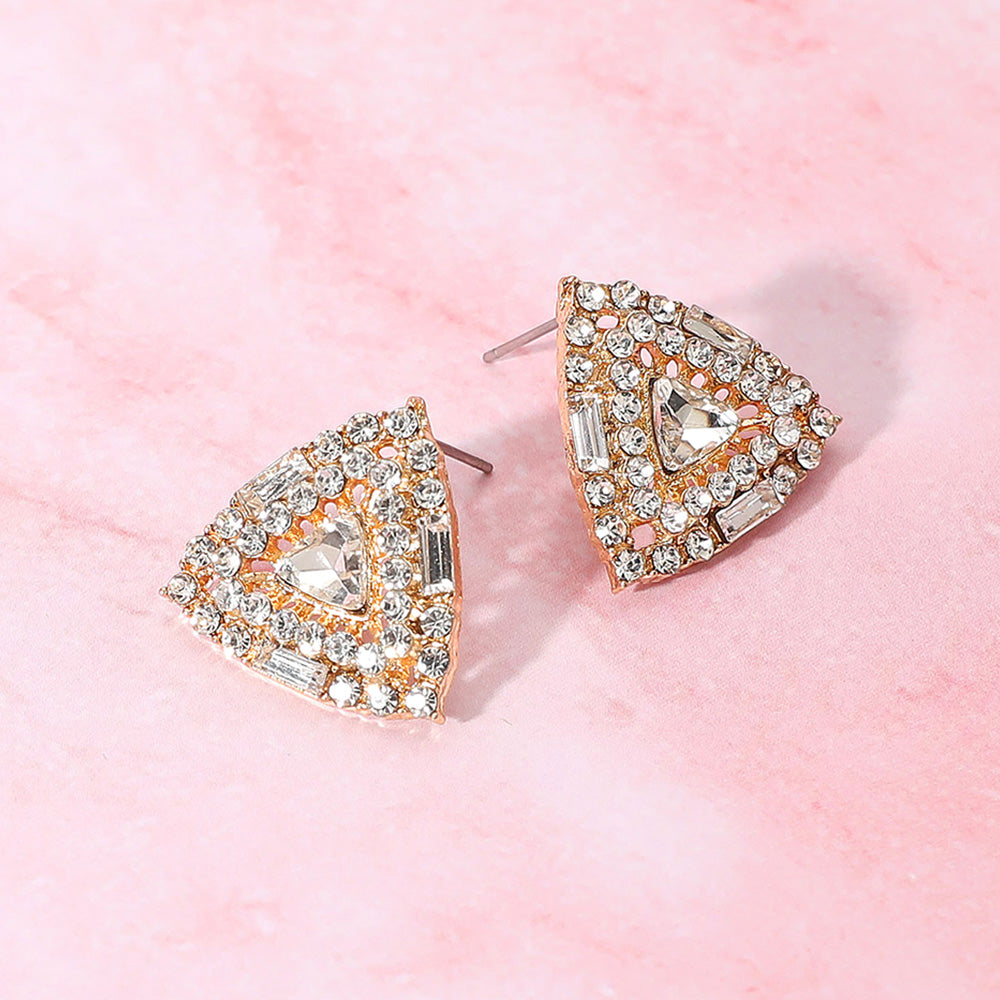 Clear Rhinestone Embellished Triangle Stud Earrings on Gold | Interview Earrings