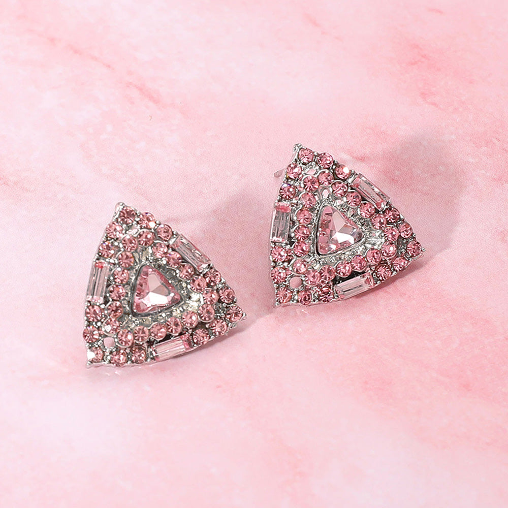 Pink Rhinestone Embellished Triangle Stud Earrings | Interview Earrings