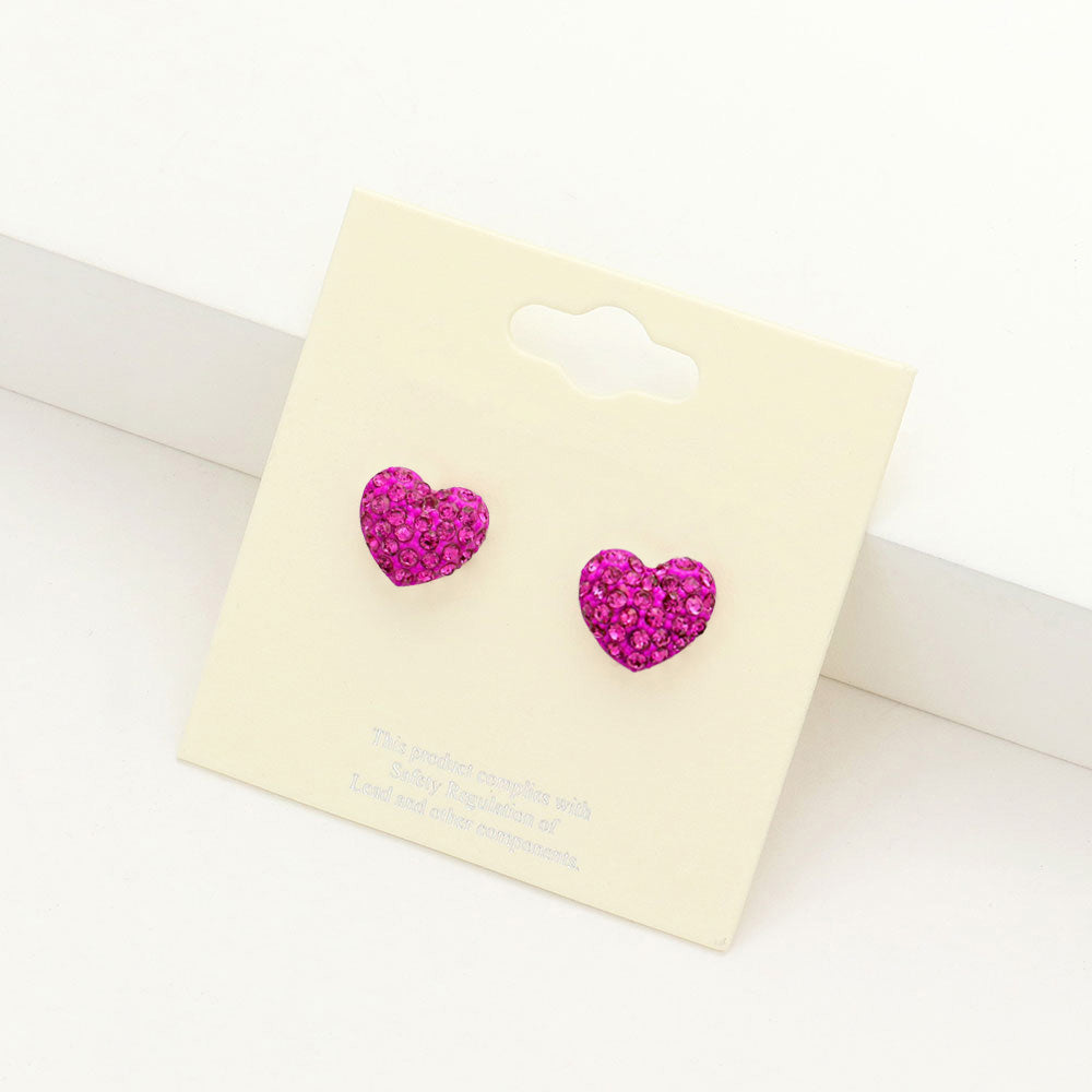 Little Girls Fuchsia Crystal Heart Stud Earrings  | Small Pageant Earrings