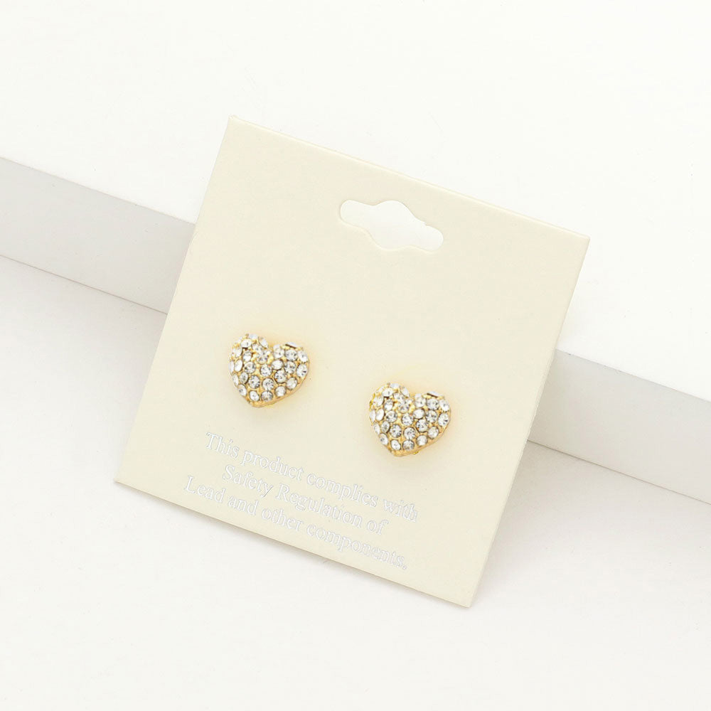 Little Girls Clear Crystal Heart Stud Earrings on Gold | Small Pageant Earrings