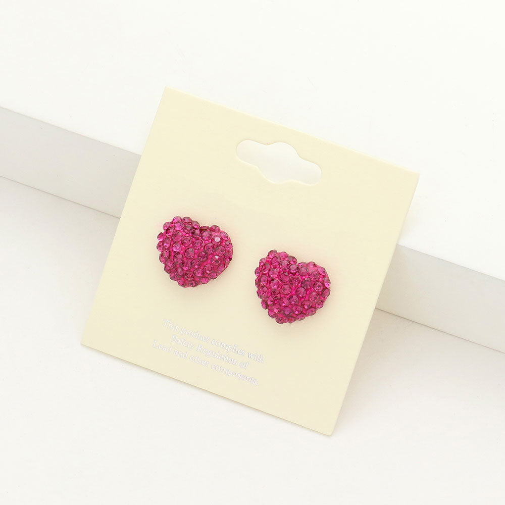 Fuchsia Crystal Pave Heart Stud Pageant Earrings | Small Stud Earrings for Little Girls
