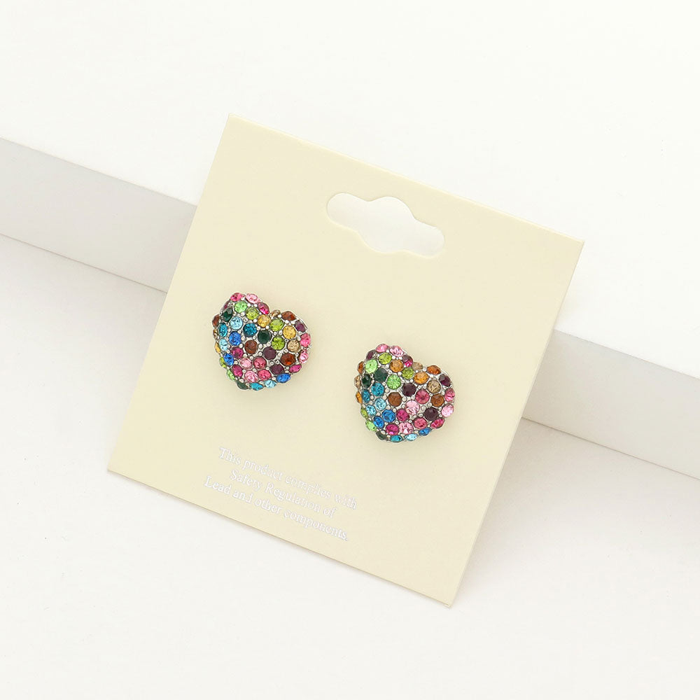 Multi-Color Crystal Pave Heart Stud Pageant Earrings | Small Stud Earrings for Little Girls