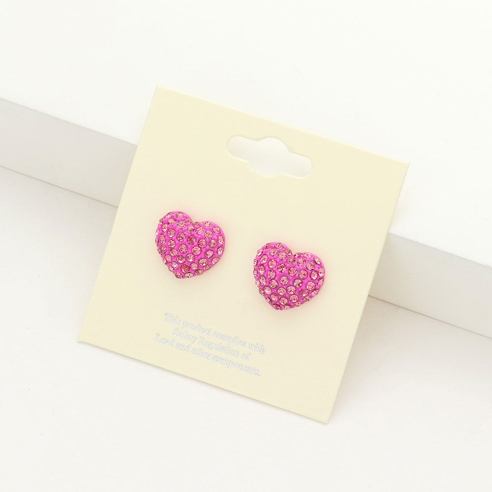 Pink Crystal Pave Heart Stud Pageant Earrings | Small Stud Earrings for Little Girls