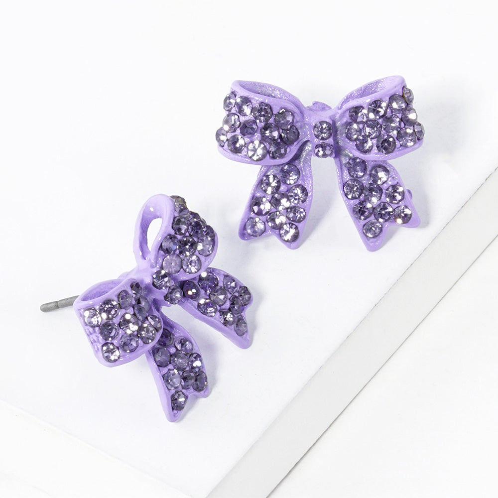 Purple Crystal Rhinestone Bow Stud Earrings | L&M Bling