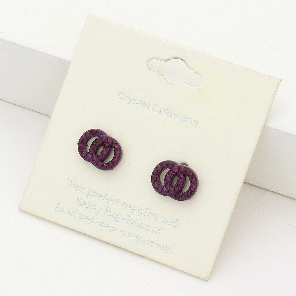 Small Amethyst Rhinestone Double Open Circle Link Stud Pageant Earrings | Earrings for Little Girls