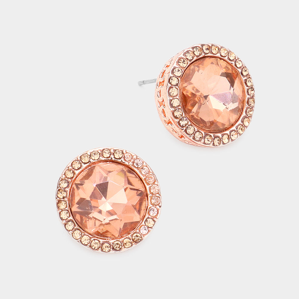 Rhinestone Trimmed Round Peach Crystal Stone Stud Pageant Earrings  \ Interview Earrings