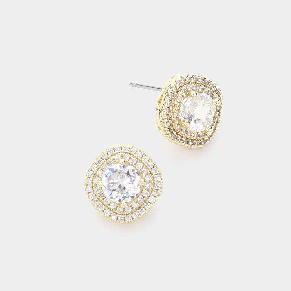 14K Gold Plated Round CZ Stud Earrings Surrounded by Rhinestones on Gold