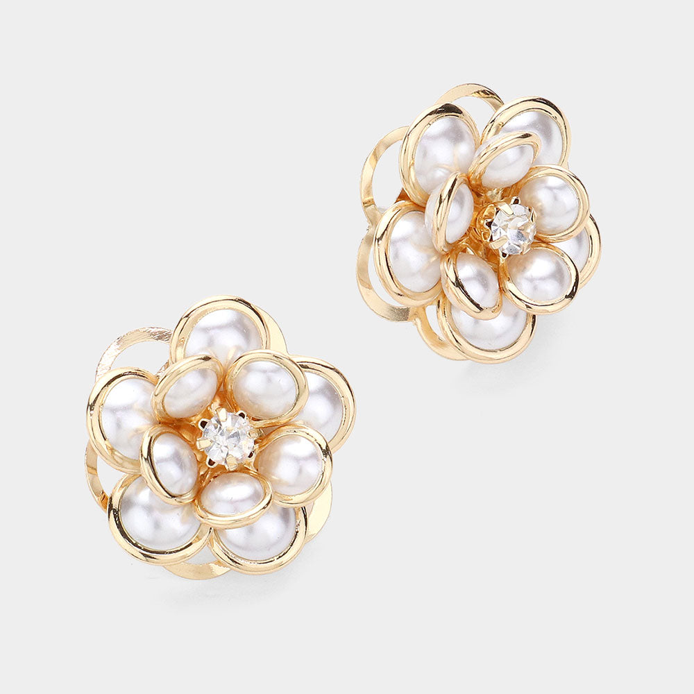 Cream Pearl Flower Stud Bridal Earrings on Gold | Wedding Earrings