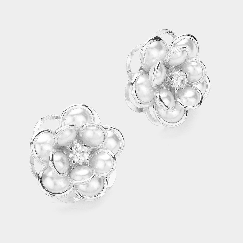 White Pearl Flower Stud Bridal Earrings | Wedding Earrings
