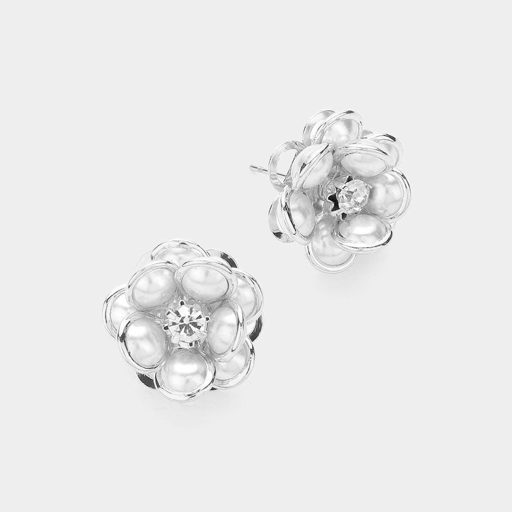 Small White Pearl Flower Stud Bridal Earrings | Wedding Earrings