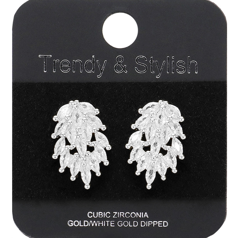 Small White Gold Dipped Marquise CZ Stone Cluster Pageant Earrings on Silver | Interview Earrings